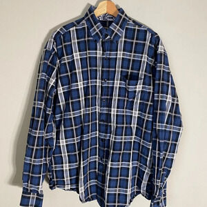 Stetson Men's Large Plaid Flip Cuff Pocket Button Down Long Sleeve Shirt in Blue